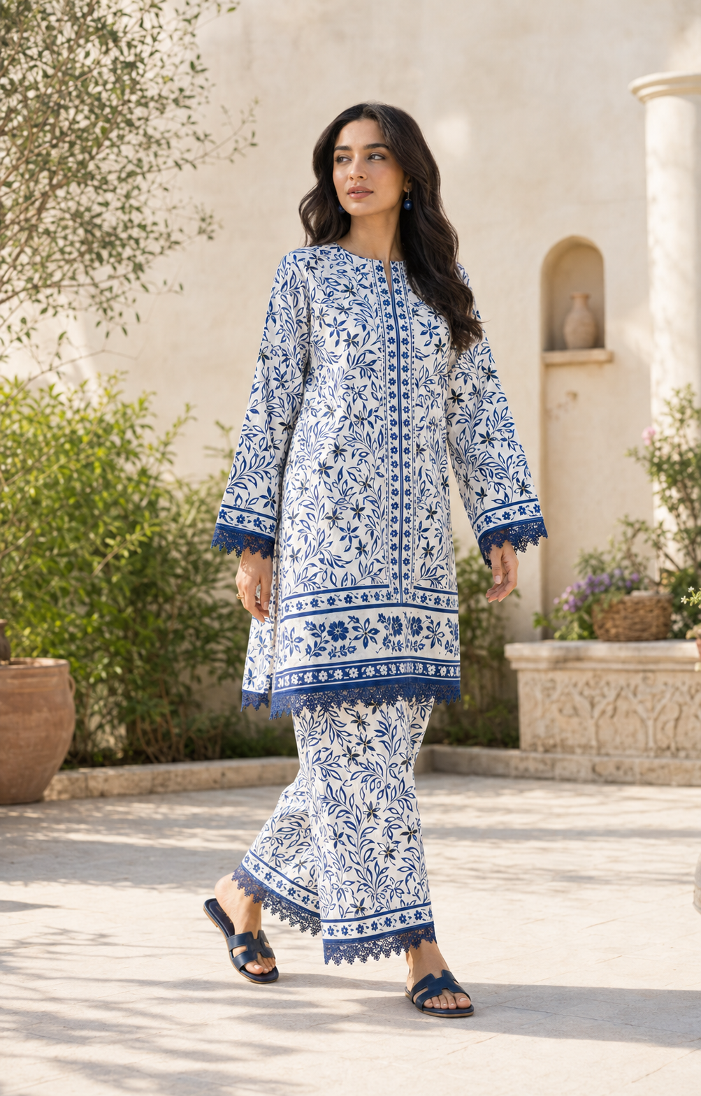 Navy Blue Floral Printed Lawn Unstitched Two Piece